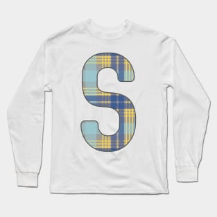 Monogram Letter S, Blue, Yellow and Grey Scottish Tartan Style Typography Design Long Sleeve T-Shirt
